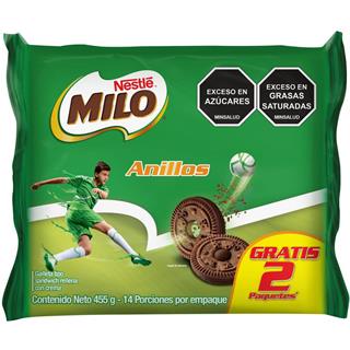 Galletas Sánduche de Chocolate Rellenas con Crema Sabor a Chocolate Anillos Milo  455 g